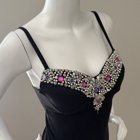 Vintage 90s Contempo Strappy Bodycon Mini Dress S Black Bejeweled Party Clubwear - Picture 13 of 16